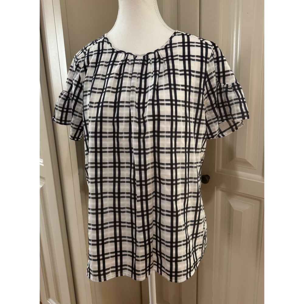 Ann Taylor Factory Women's Plaid Ruffle Short Sleeve Top Black White Size M EUC